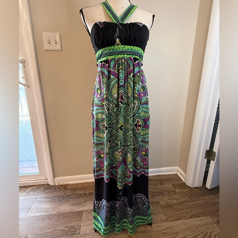 Alyn Paige Black Maxi Dress with Green and Purple Medallion Print